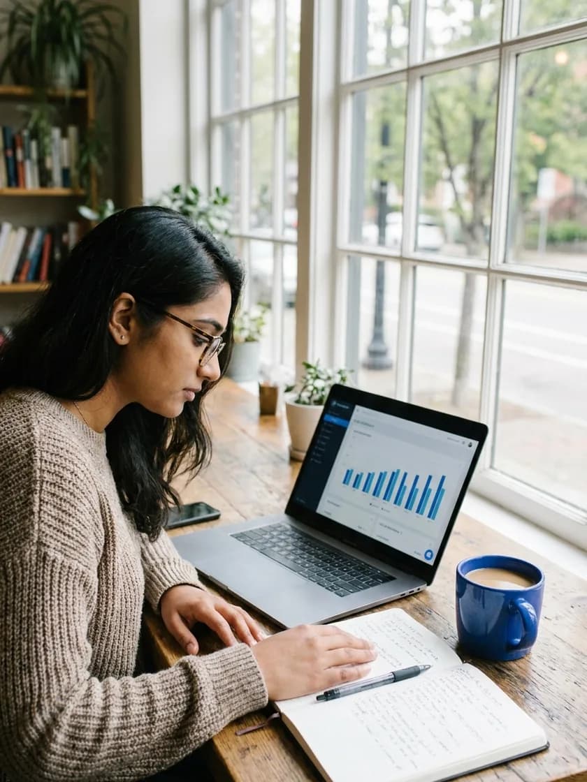 Two people reviewing analytics together at a laptop