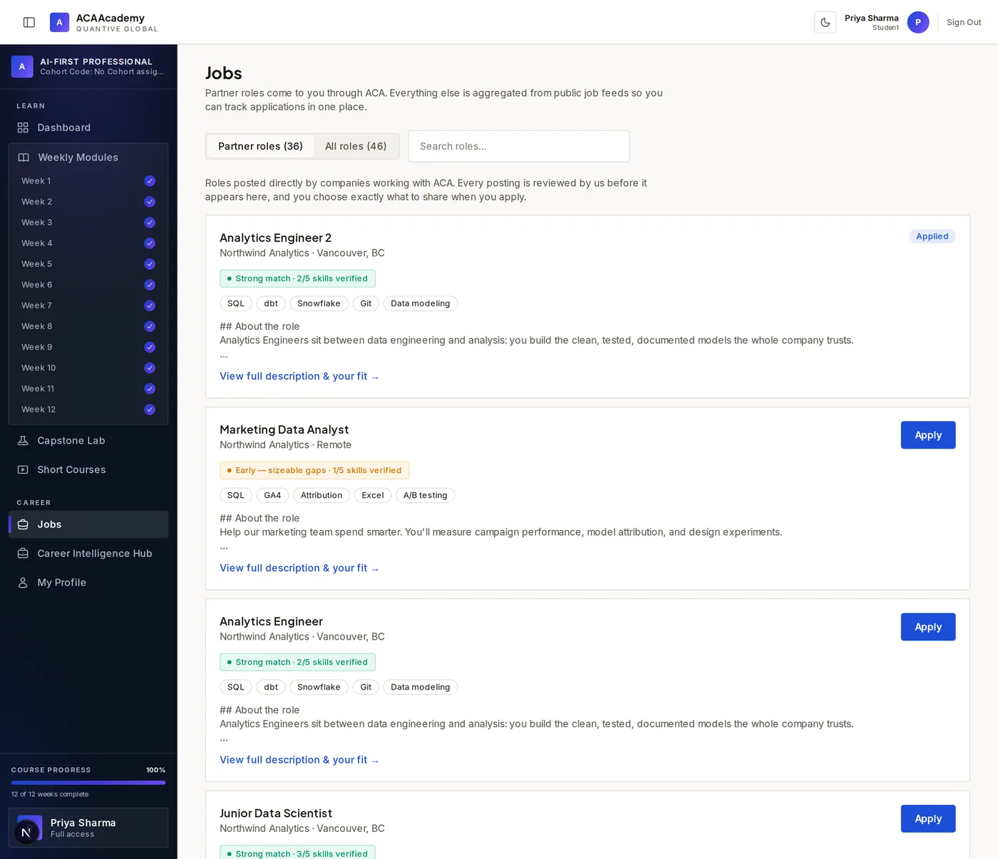 The jobs board with partner roles and a skills-readiness signal.