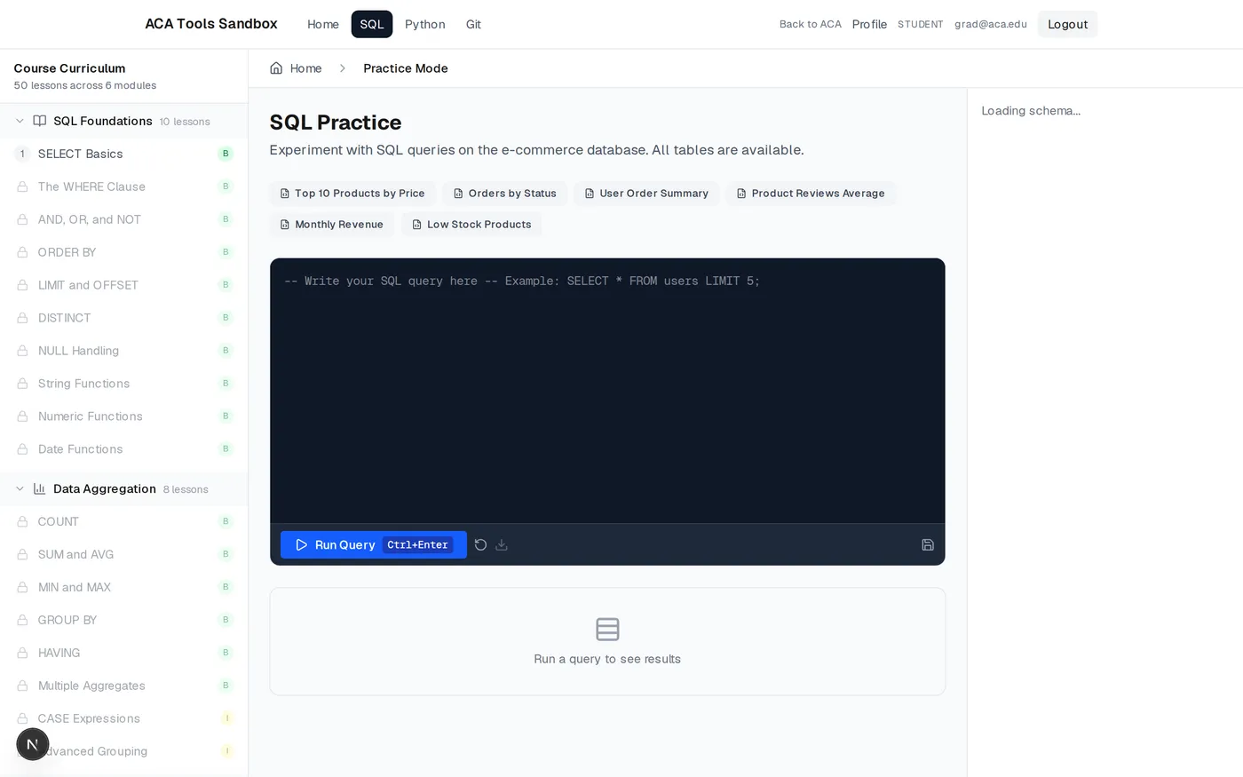 The in-browser SQL sandbox with a lesson list and a query editor over a real database.